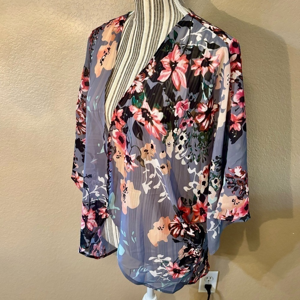 Open Cardigan Blouse Large Grey Floral Pink Gold Peach Sheer Mandarin - Picture 5 of 14
